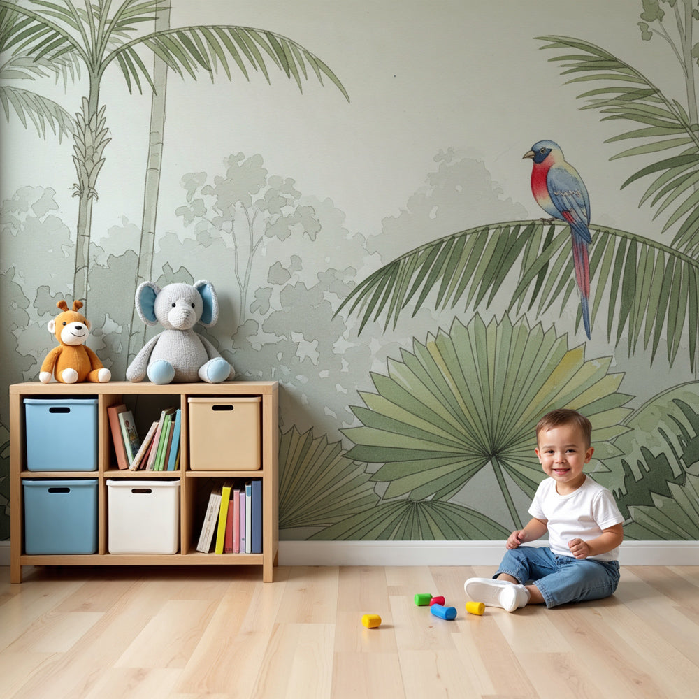 Tropical bird mural wallpaper creating serene jungle atmosphere in modern nursery by Kids-Mundo