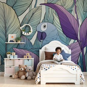 Tropical bird mural wallpaper in modern nursery with blue and violet botanical design by Kids-Mundo