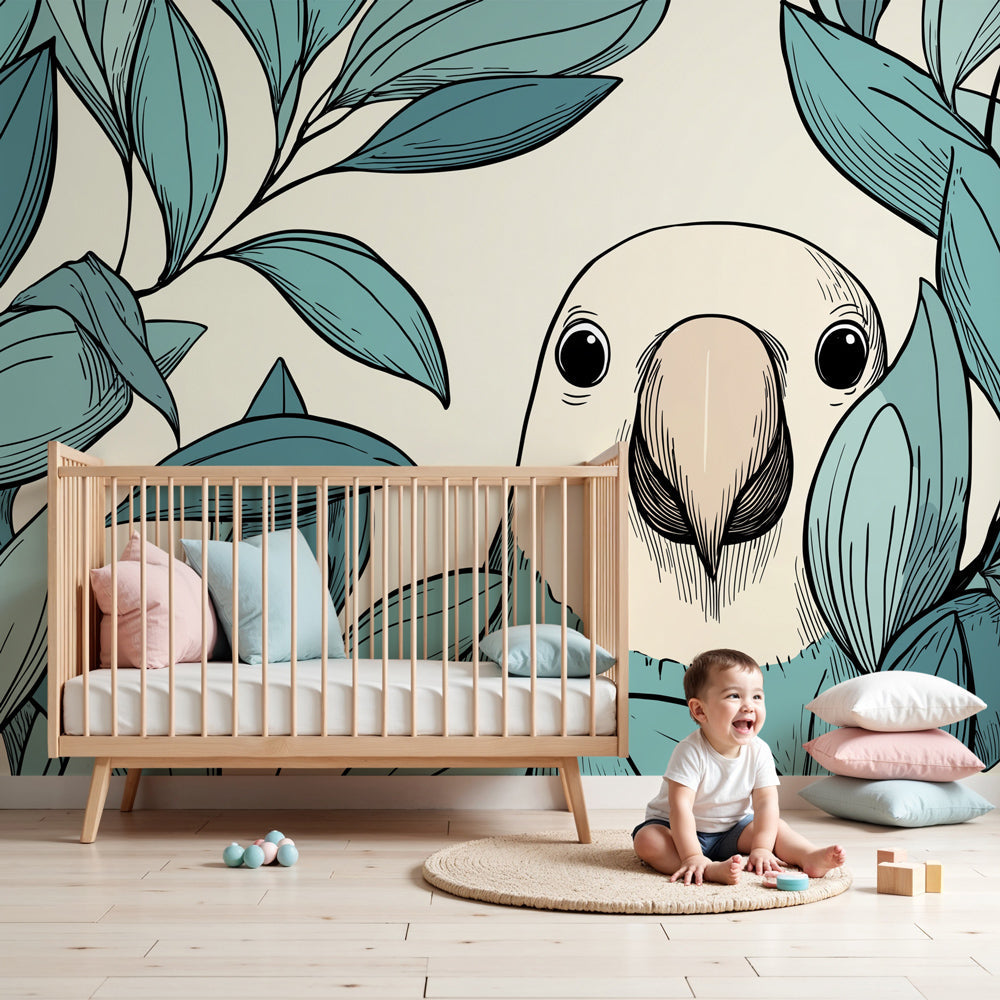 Tropical bird mural wallpaper creating serene nursery atmosphere with natural foliage design by Kids-Mundo