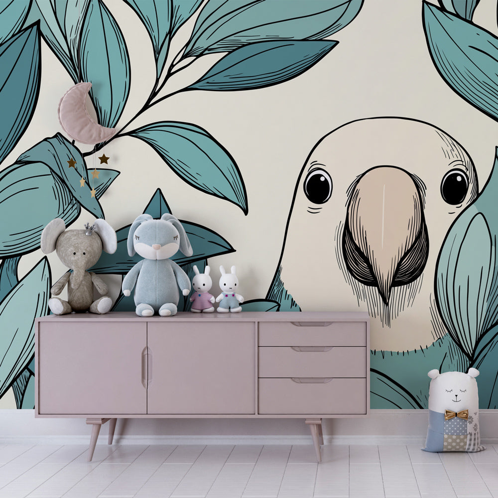 Nature-inspired bird wallpaper creating calming play area with lush tropical leaves for kids