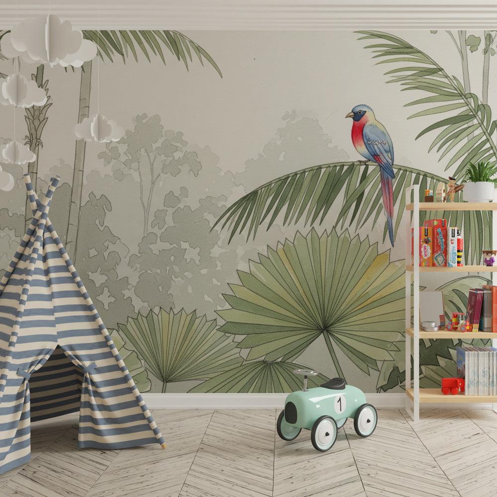 Jungle bird mural wallpaper transforming children's playroom into tropical paradise by Kids-Mundo