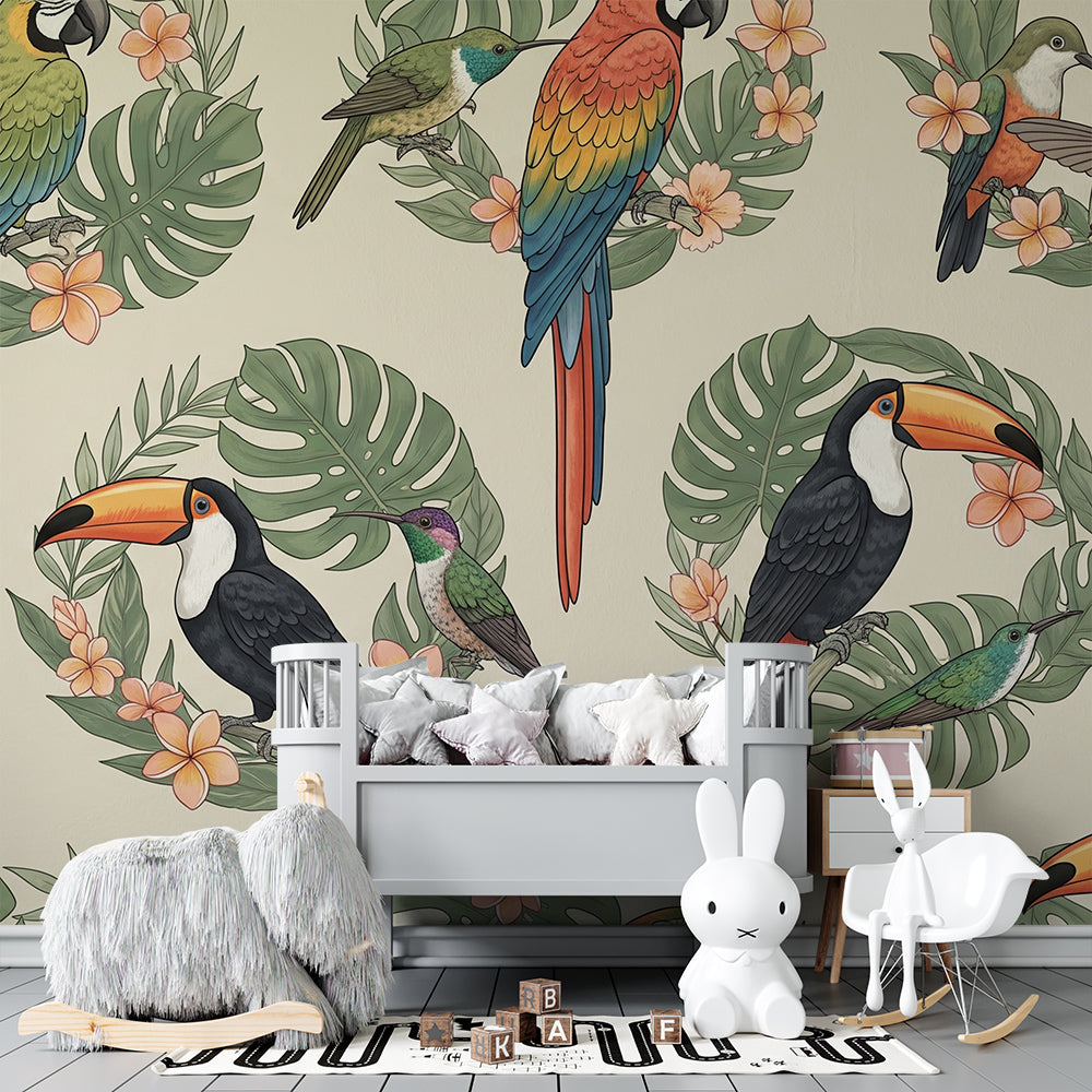 Kids-Mundo parrot and toucan wall mural styled in a light kids bedroom