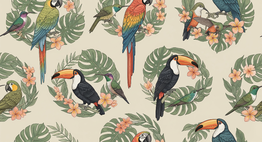 Tropical Birds in Leaf Wreaths Wall Mural