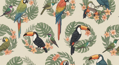 Kids-Mundo flat artwork of tropical birds framed in leafy flower wreaths
