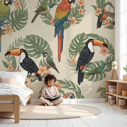Kids-Mundo tropical bird wall mural with leaf wreaths in a cream nursery