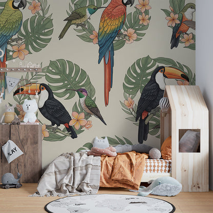 Kids-Mundo tropical bird wreath wall mural adding colour to a playroom wall
