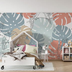 Nature-inspired bird wallpaper transforming kids bedroom with tropical foliage design