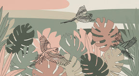 Detailed tropical birds mural wallpaper design pattern with colorful parrots and lush foliage by Kids-Mundo