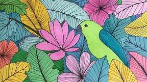 Detailed tropical birds mural wallpaper design pattern showing exotic birds and colorful botanical elements by Kids-Mundo