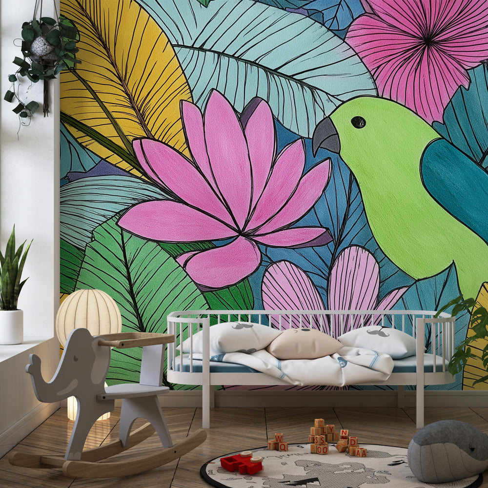 Colorful exotic birds wallpaper transforming children's bedroom into tropical paradise by Kids-Mundo