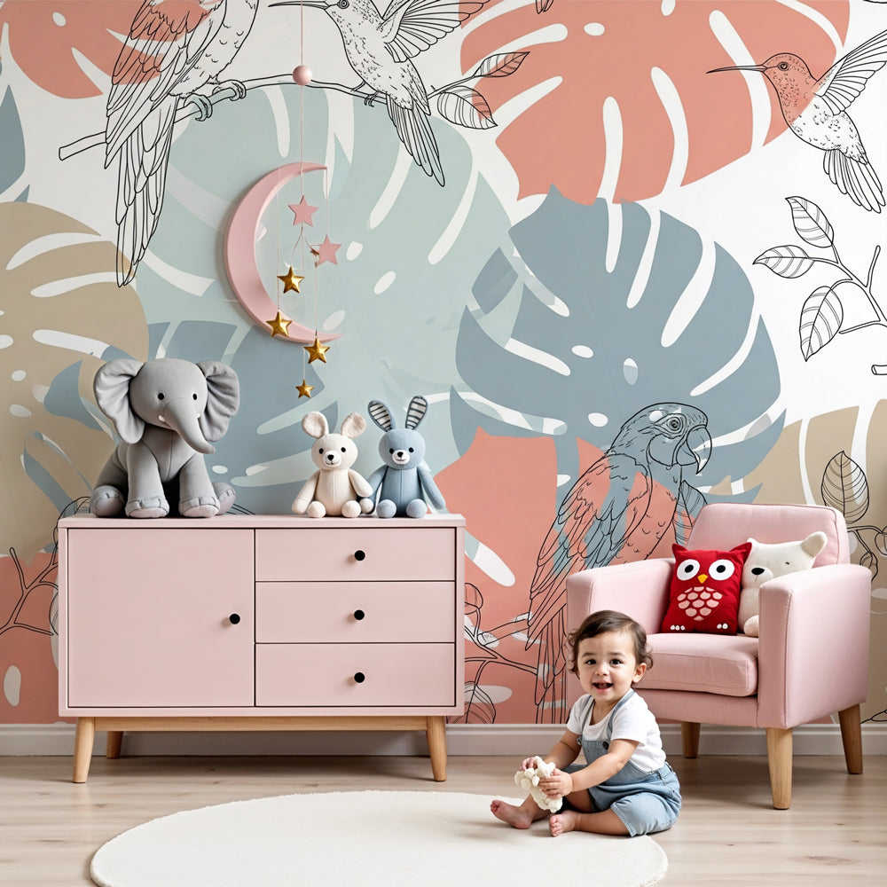 Tropical birds line art mural wallpaper creating serene nursery decor by Kids-Mundo