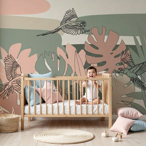 Tropical birds mural wallpaper in modern nursery with natural wood furniture by Kids-Mundo
