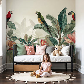 Tropical birds mural wallpaper with colorful parrots in modern nursery by Kids-Mundo