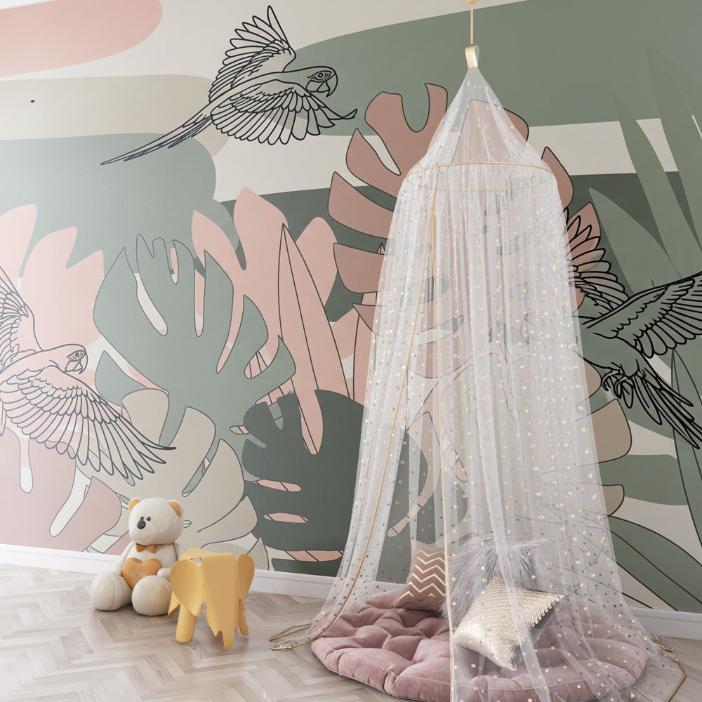 Exotic birds and foliage mural wallpaper transforming children's playroom into jungle adventure