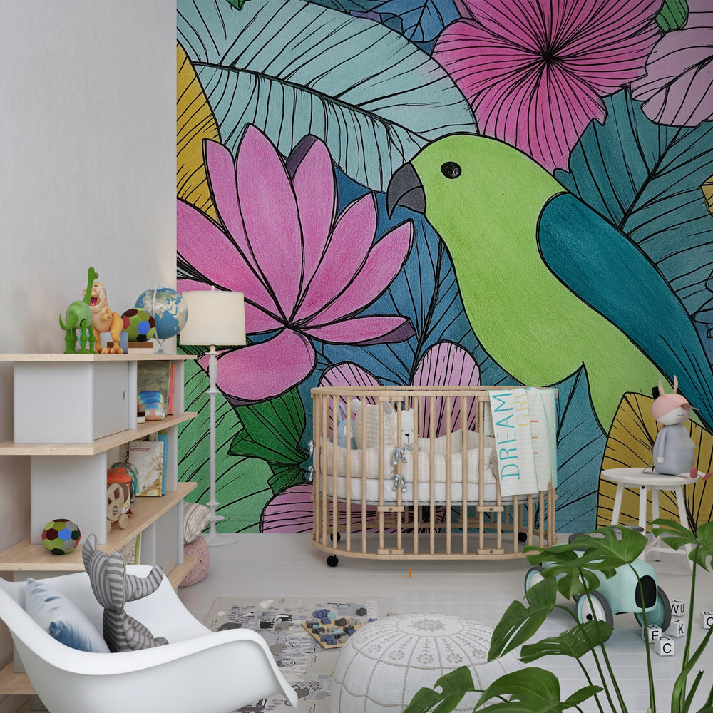 Vibrant tropical nature mural wallpaper featuring exotic birds and lush foliage in kids playroom by Kids-Mundo