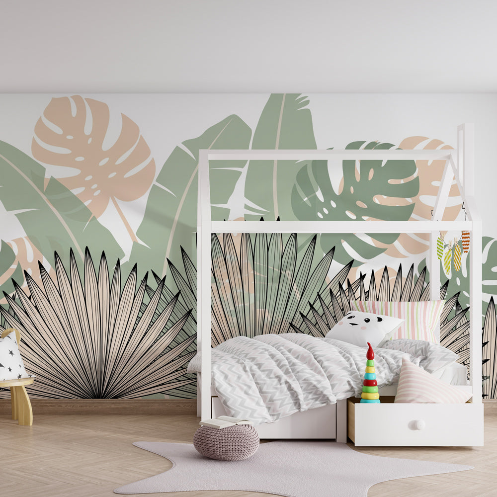 Elegant palm leaf wallpaper in modern kids bedroom with natural wood furniture