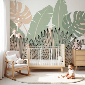 Tropical fern mural wallpaper creating serene nursery decor with palm leaves by Kids-Mundo