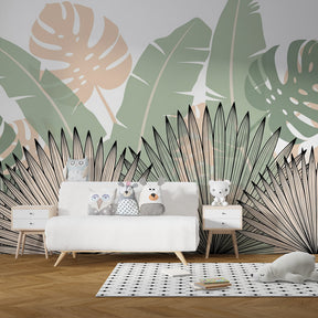 Botanical fern wallpaper creating peaceful playroom atmosphere with green palm motifs