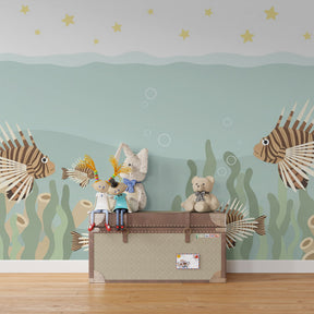 Ocean themed children's bedroom featuring tropical fish and coral reef mural wallpaper by Kids-Mundo