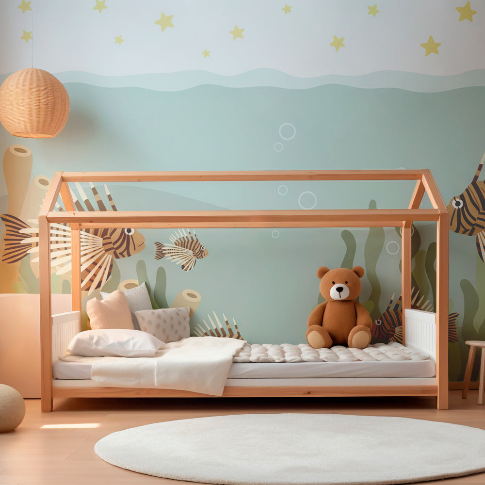 Colorful tropical fish wallpaper transforming kids playroom into underwater adventure space