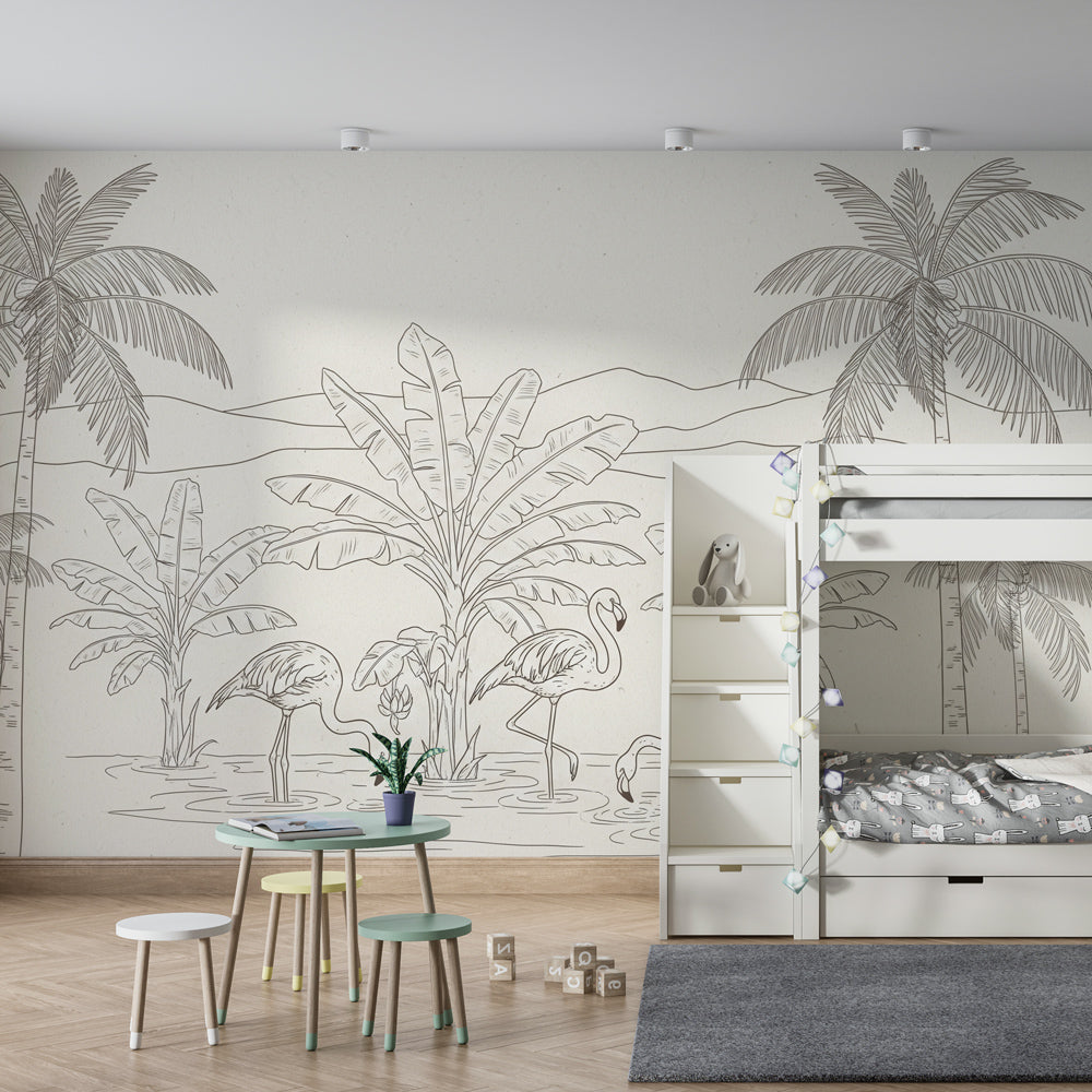 Beige tropical flamingo wallpaper transforming kids playroom into serene oasis