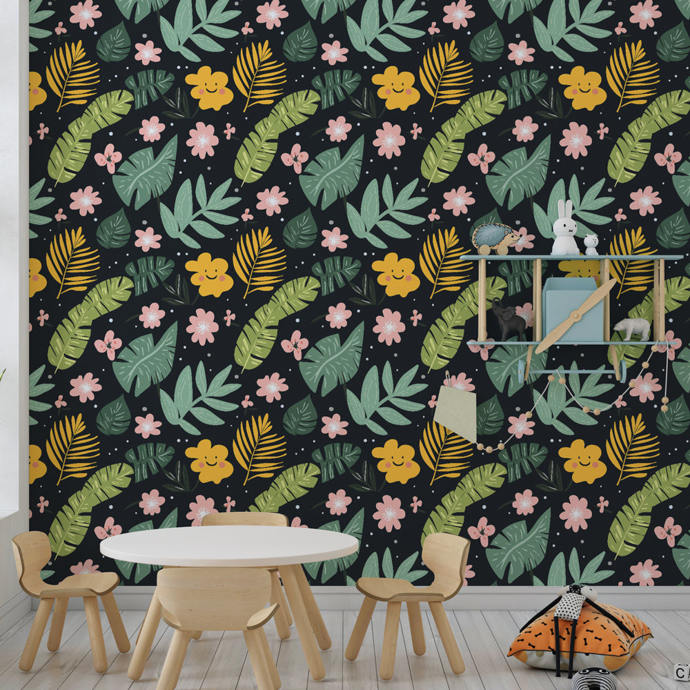 Jungle floral wallpaper transforming kids bedroom with vibrant botanical design on dark background
