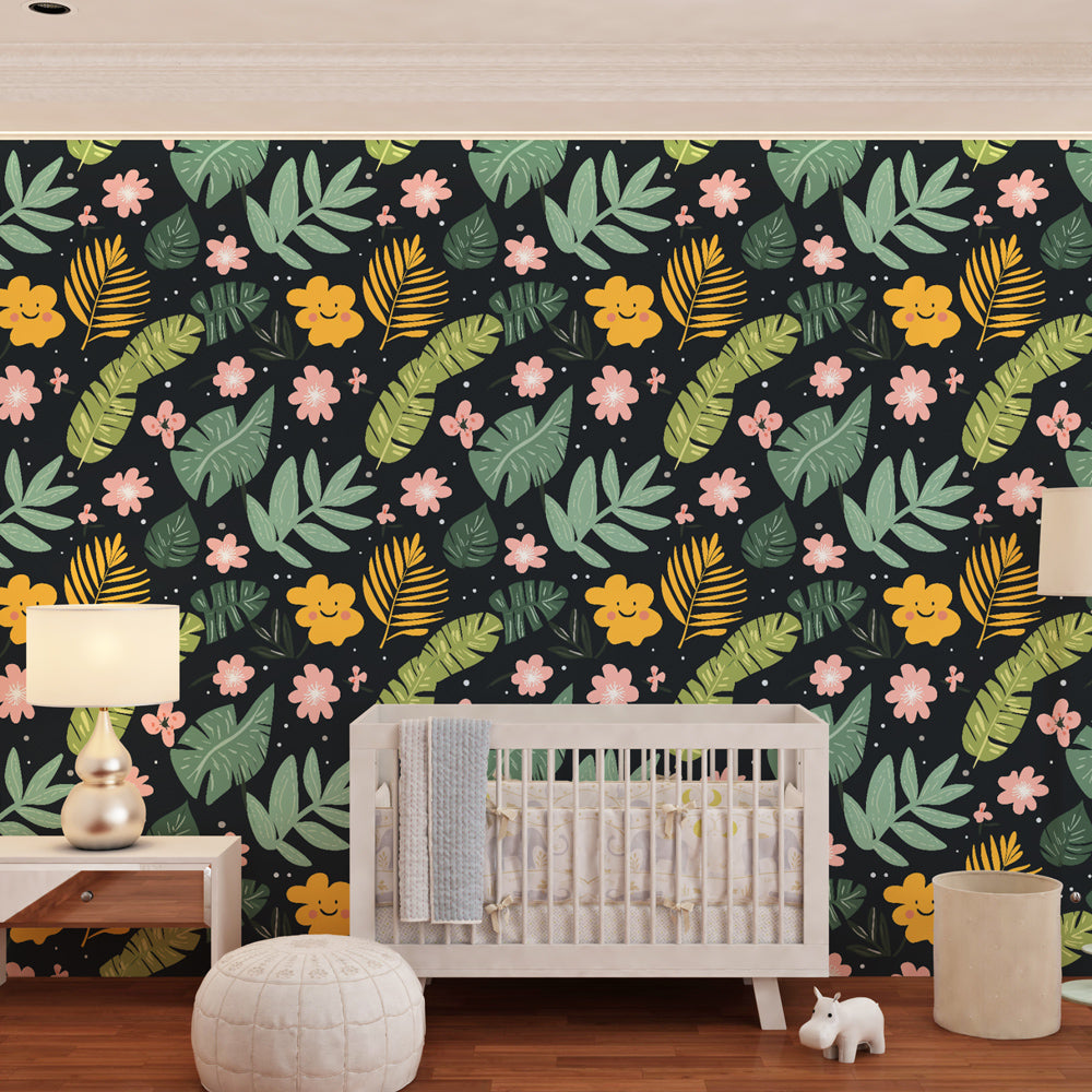 Dark tropical wallpaper featuring colorful flowers and leaves for modern children's playroom decor