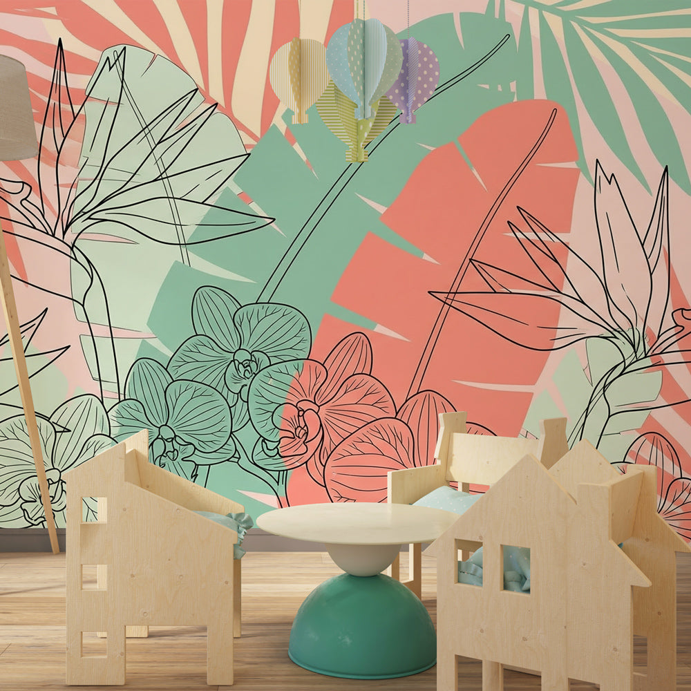 Pink and green tropical botanical wallpaper creating serene kids bedroom atmosphere