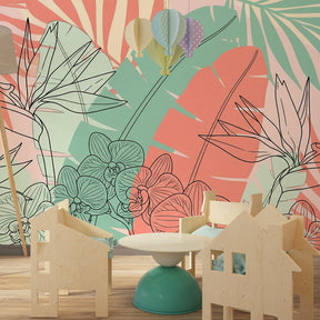 Pink and green tropical botanical wallpaper creating serene kids bedroom atmosphere