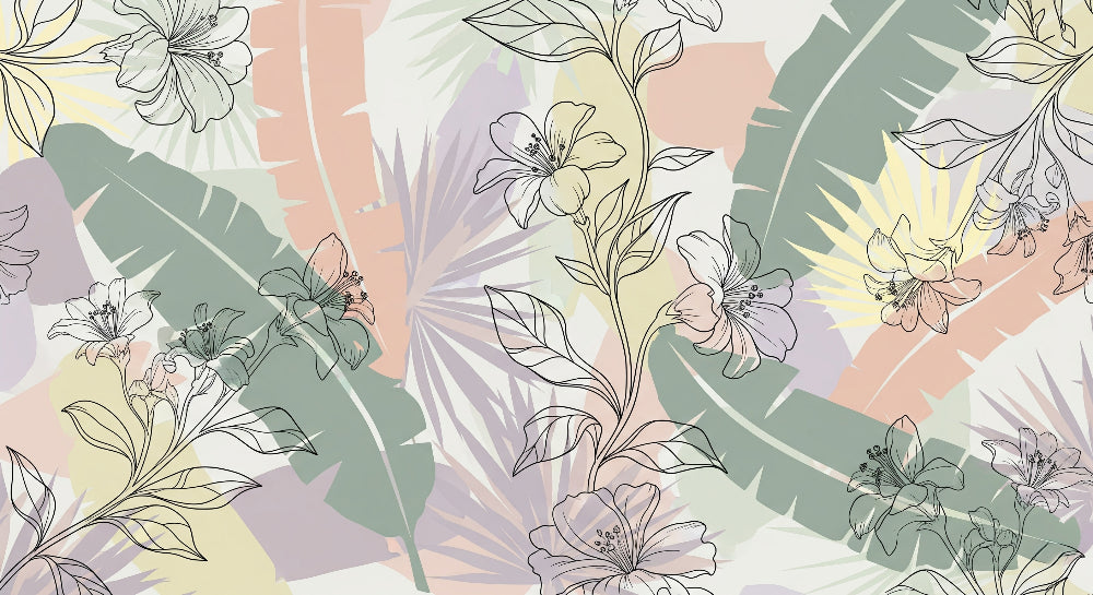 Detailed tropical flowers and leaves mural wallpaper design pattern in soft pastels by Kids-Mundo