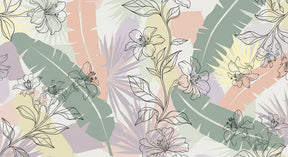 Detailed tropical flowers and leaves mural wallpaper design pattern in soft pastels by Kids-Mundo