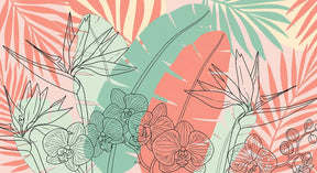 Detailed tropical flowers and linear foliage mural wallpaper design pattern by Kids-Mundo