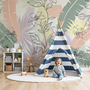 Tropical flowers mural wallpaper creating botanical nursery decor with pastel tones by Kids-Mundo