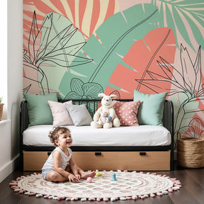 Tropical flowers mural wallpaper in soft pink nursery with natural wood furniture by Kids-Mundo