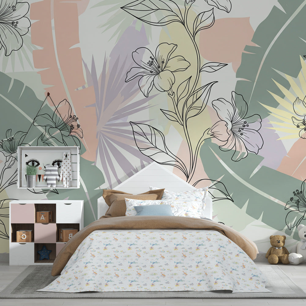 Exotic floral mural wallpaper for children's playroom featuring soft green and beige tropical motifs