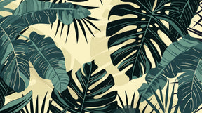 Detailed tropical foliage mural wallpaper design pattern with green leaves on beige by Kids-Mundo