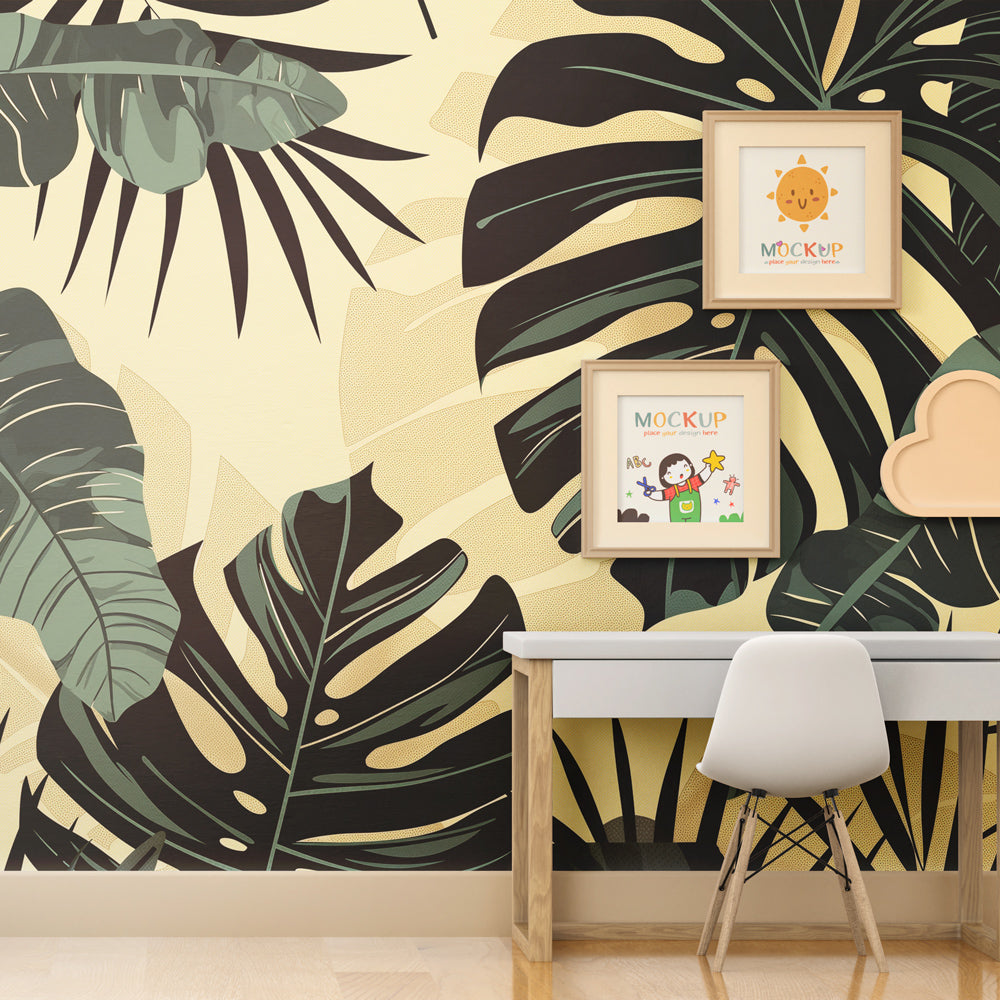 Botanical mural wallpaper transforming kids room into tropical jungle paradise