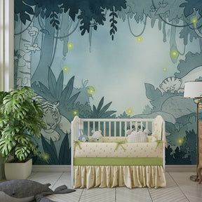 Enchanted forest wallpaper creating magical kids bedroom decor with sloths and toucan