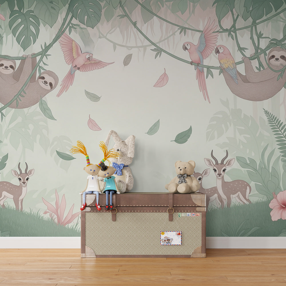 Children's tropical animal wallpaper creating jungle adventure theme in kids bedroom