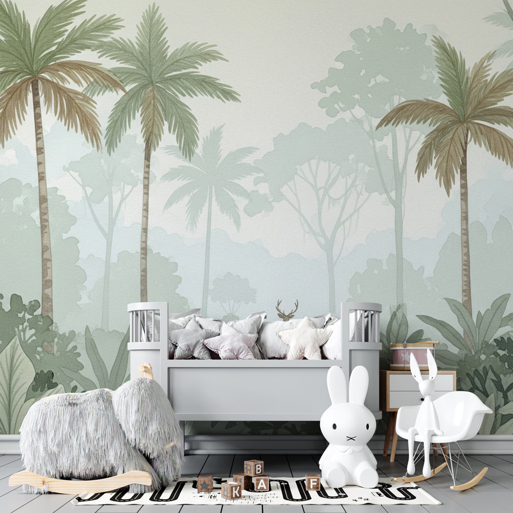 Peaceful deer tropical forest wallpaper creating serene children's bedroom atmosphere