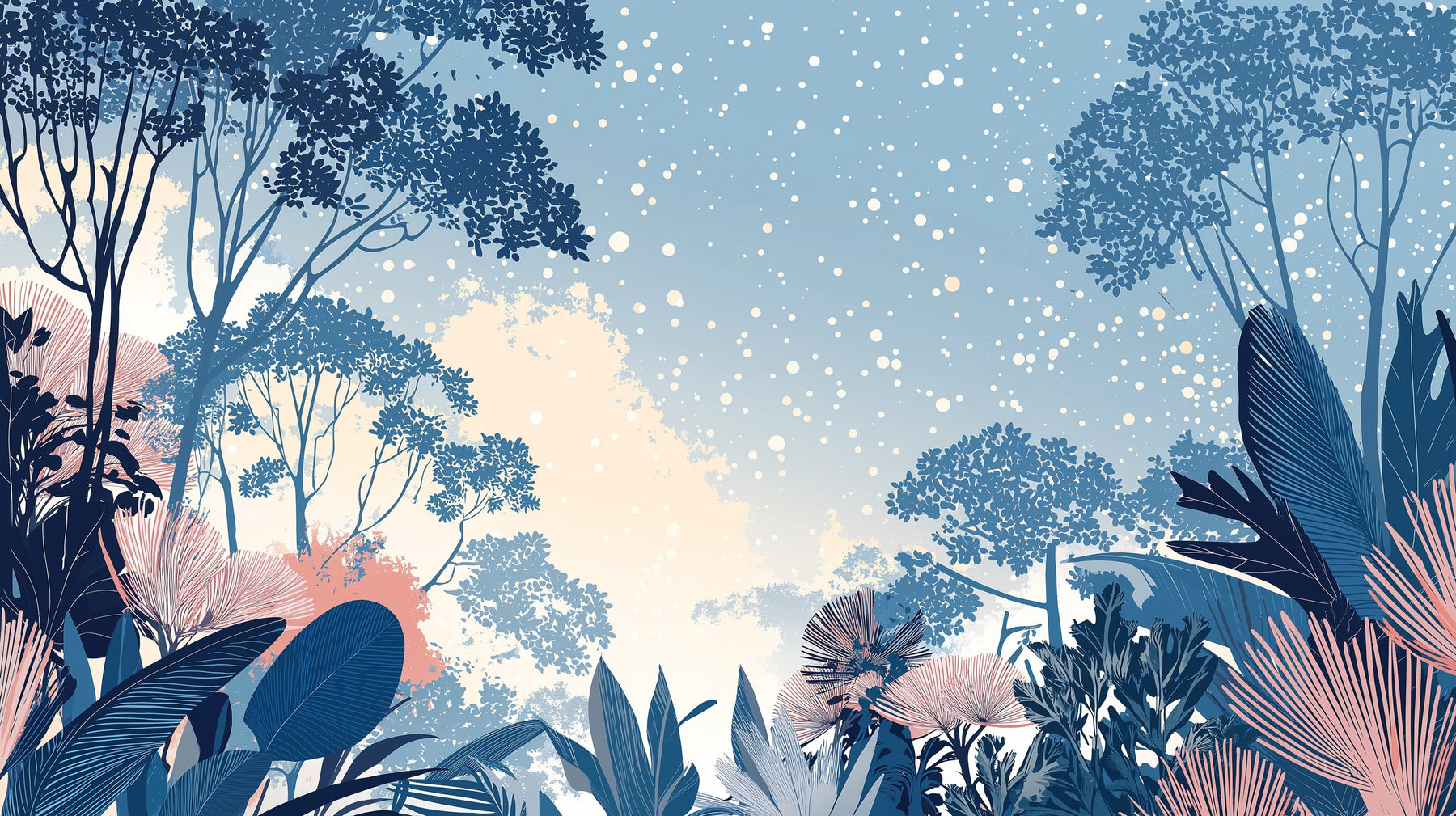 Detailed tropical forest mural wallpaper design pattern with starry sky by Kids-Mundo