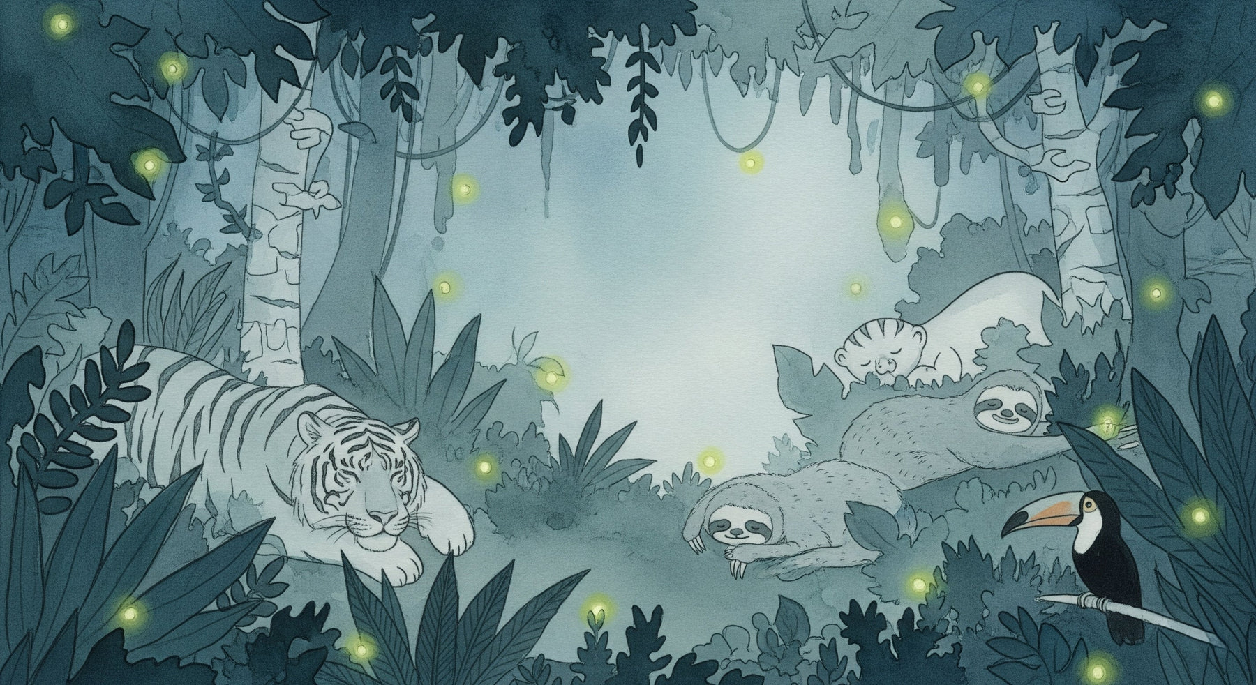 Detailed tropical forest mural wallpaper design pattern with fireflies and jungle animals by Kids-Mundo