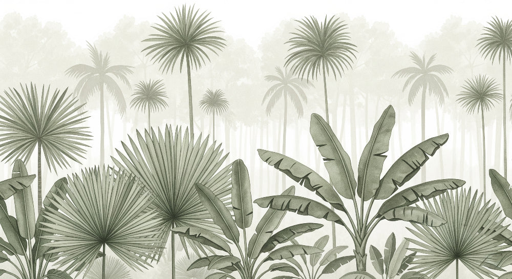 Detailed tropical forest mural wallpaper design pattern with palm leaves by Kids-Mundo