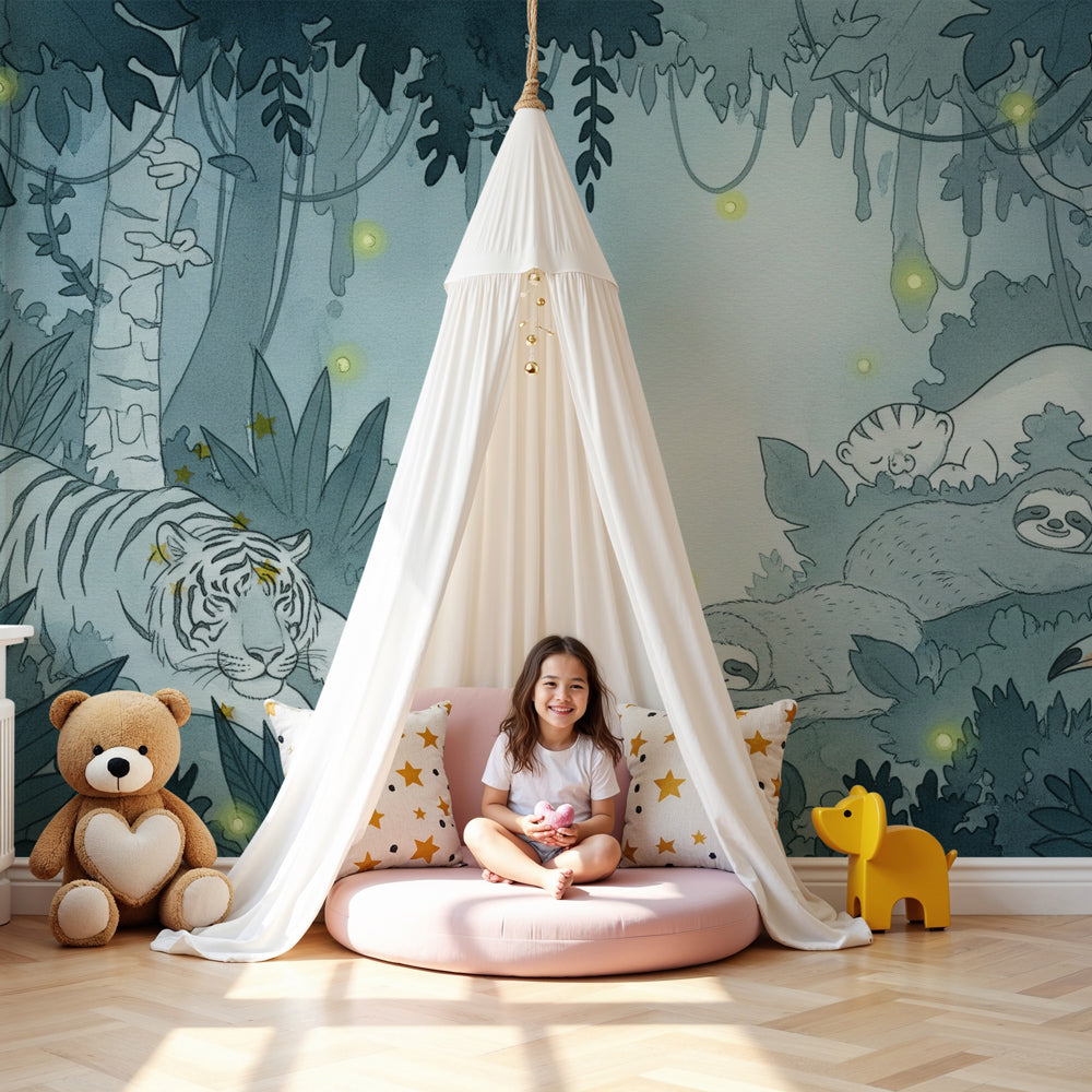 Tropical forest mural wallpaper with tiger and jungle animals in modern nursery by Kids-Mundo