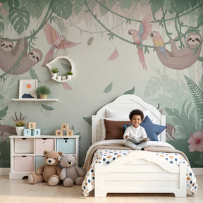 Tropical forest mural wallpaper with sloths and parrots in modern nursery by Kids-Mundo