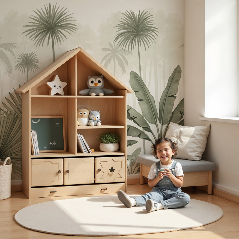Tropical forest mural wallpaper in modern nursery with natural wood crib by Kids-Mundo