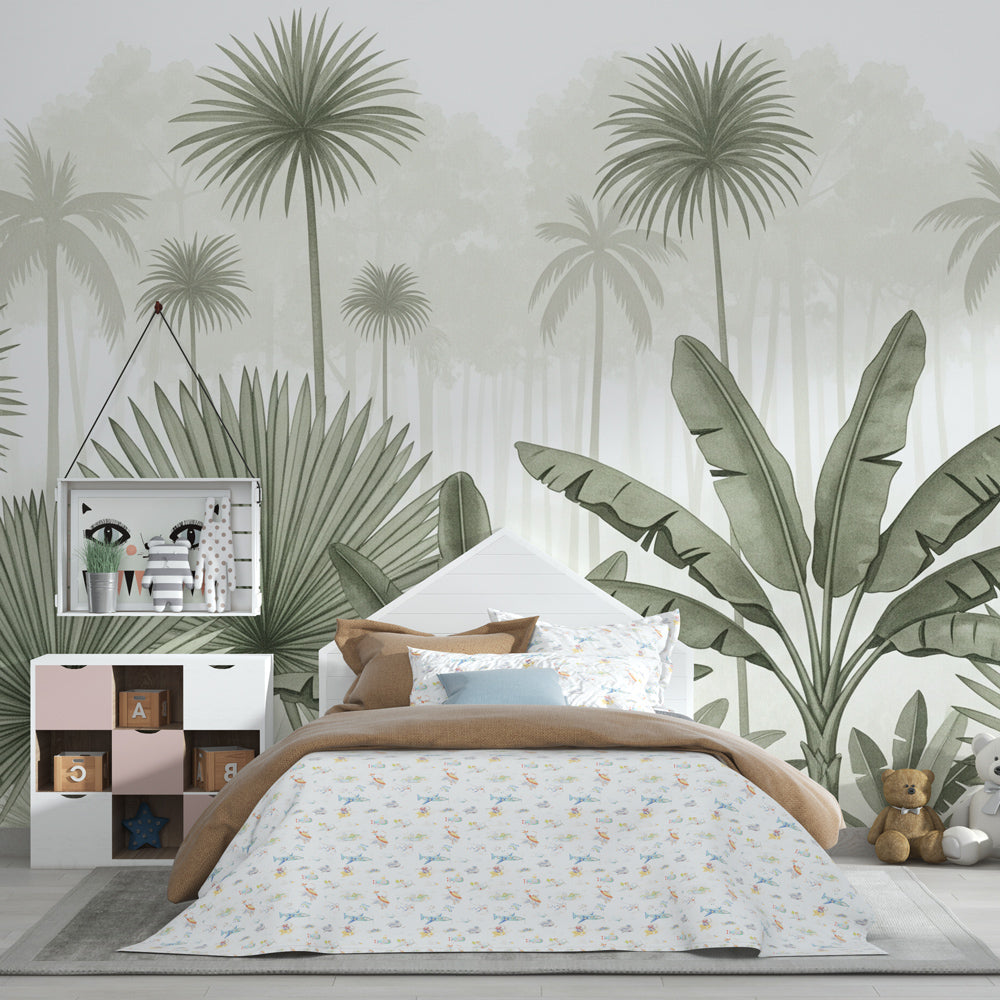 Lush tropical wallpaper transforming playroom into natural jungle sanctuary for kids