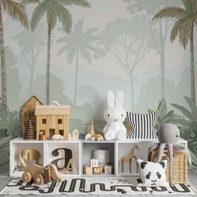 Nature themed mural wallpaper with deer and palm trees in kids reading corner
