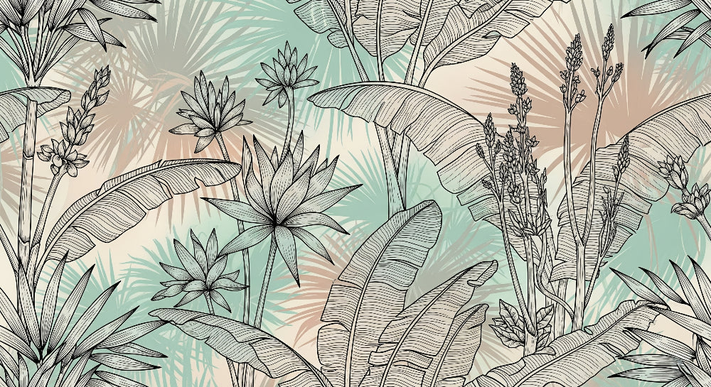 Detailed tropical garden mural wallpaper design pattern with black botanical illustrations by Kids-Mundo