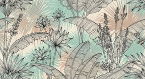 Detailed tropical garden mural wallpaper design pattern with black botanical illustrations by Kids-Mundo